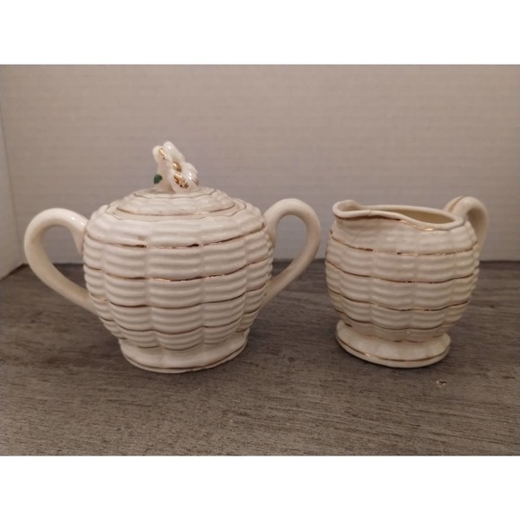 Japanese Basket Weave Porcelain Creamer and Sugar Bowl with Lid - Picture 1 of 12